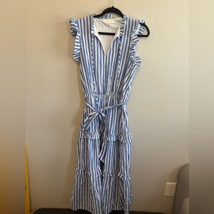 Flying Tomato Blue and White Striped Midi Dress with Ruffle Tiers